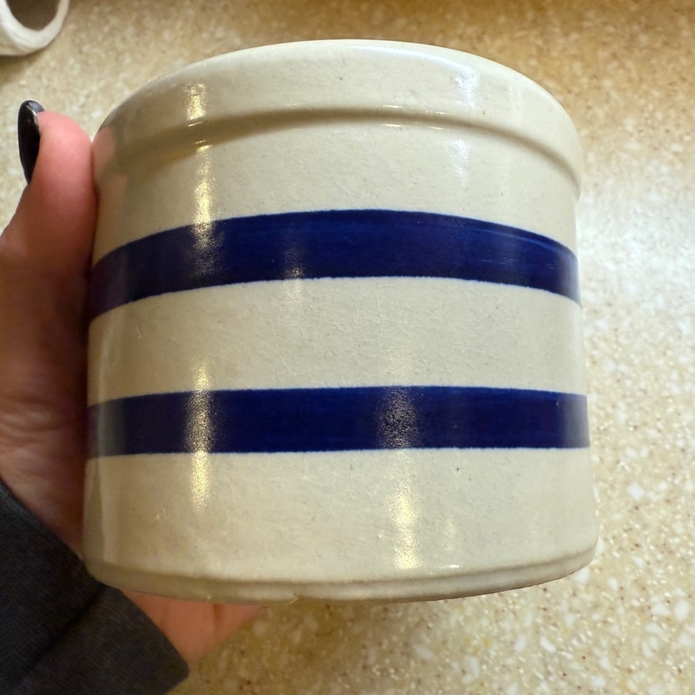 Vintage Crock Roseville Robinson Ransbottom Blue 1 Quart Low Striped Ceramic Pot